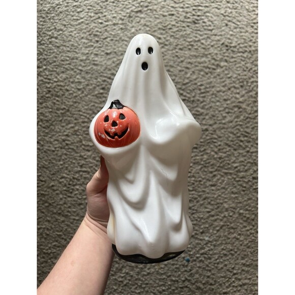 10” VTG Empire 1995 Plastic Blow Mold Halloween Ghost White Holding Pumpkin - Picture 1 of 6